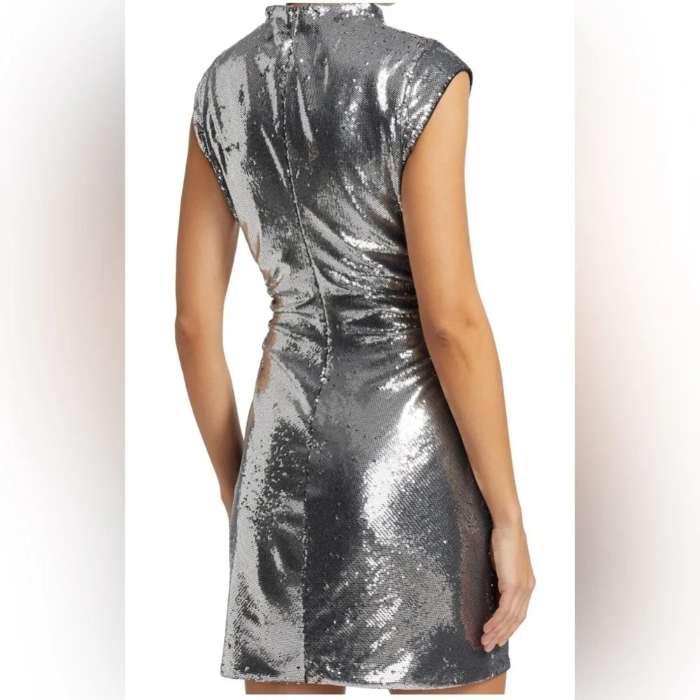 MICHAEL KORS Sleeveless Mock Neck Silver Ruched Silver Sequin Mini Dress Size XS